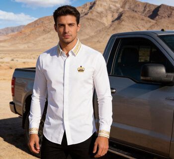 Black - Men's Royal Crown & Gold Baroque Collar Dress Shirt