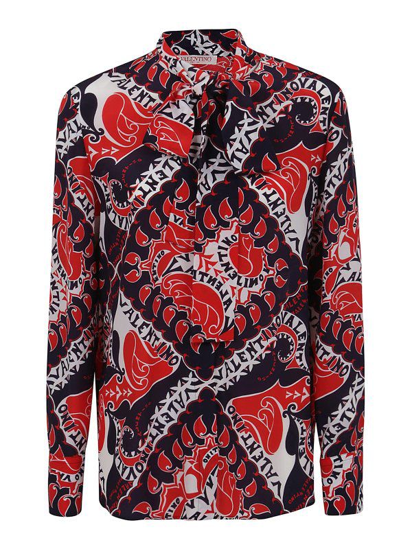 Valentino - Men's Red & Navy Archival Swirl Logo Print Shirt