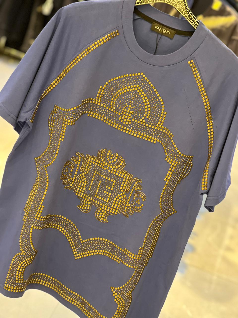 Balmain - Gold Studded Crest T-Shirt - Slate Blue