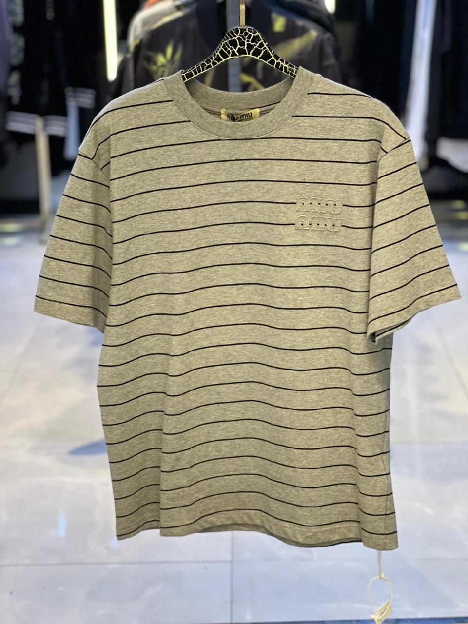 Miu Miu - Striped Cotton Jersey Logo T-Shirt - Heather Grey